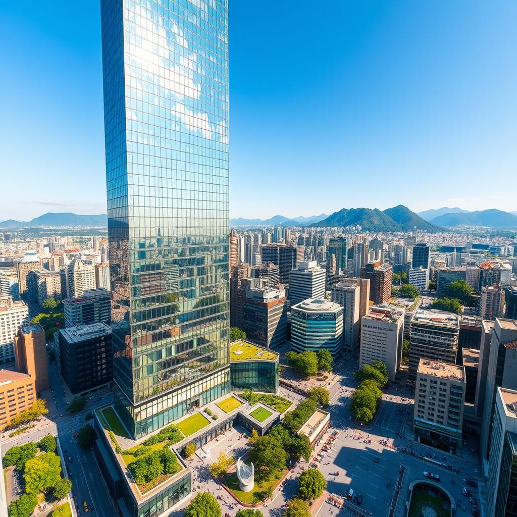 A breathtaking view of a modern skyscraper in South Korea, characterized by its sleek, glass façade that reflects the vibrant cityscape around it