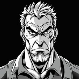 An anti-hero villain, depicted as a middle-aged man with battle scars and piercing eyes