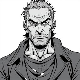 An anti-hero villain, depicted as a middle-aged man with battle scars and piercing eyes