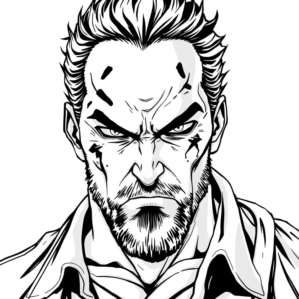 An anti-hero villain, depicted as a middle-aged man with battle scars and piercing eyes