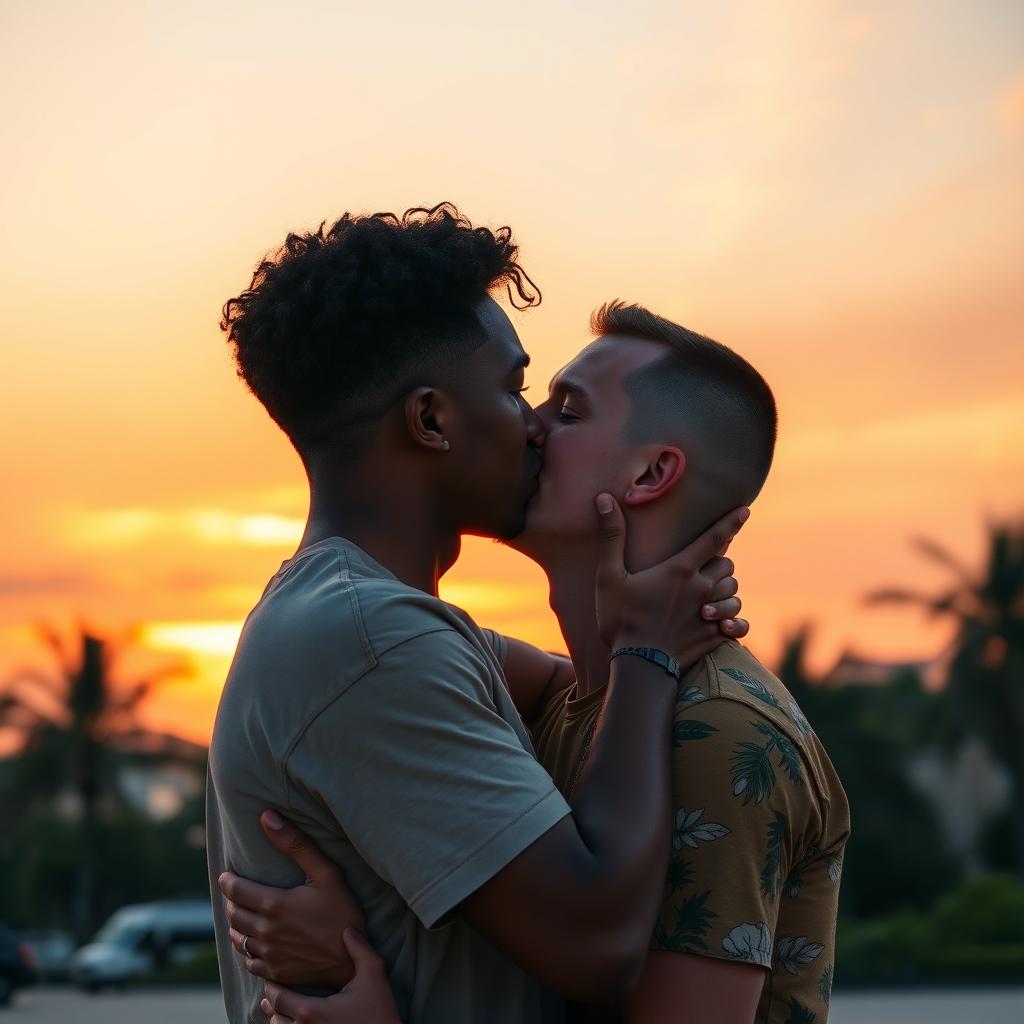 A romantic scene depicting two men kissing passionately under a beautiful sunset, with warm orange and pink hues in the sky