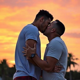 A romantic scene depicting two men kissing passionately under a beautiful sunset, with warm orange and pink hues in the sky