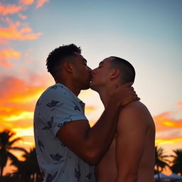 A romantic scene depicting two men kissing passionately under a beautiful sunset, with warm orange and pink hues in the sky