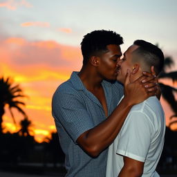 A romantic scene depicting two men kissing passionately under a beautiful sunset, with warm orange and pink hues in the sky
