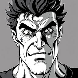 A battle-scarred middle-aged anti-hero villain with piercing eyes, depicted in a cartoon anime style