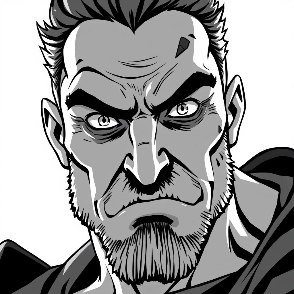 A battle-scarred middle-aged anti-hero villain with piercing eyes, depicted in a cartoon anime style