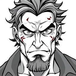 A battle-scarred middle-aged anti-hero villain with piercing eyes, depicted in a cartoon anime style