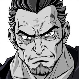 A battle-scarred middle-aged anti-hero villain with piercing eyes, depicted in a cartoon anime style