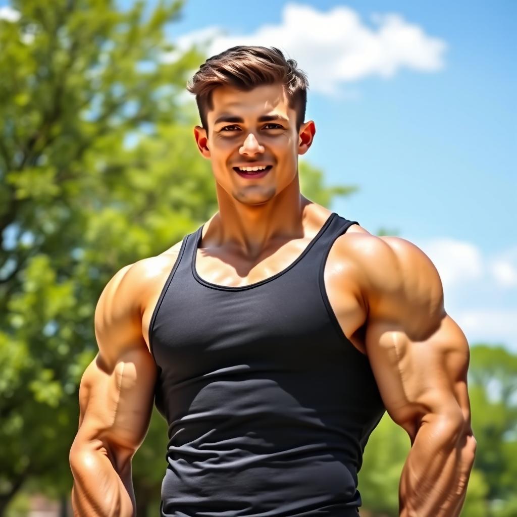 A muscular young man with prominent biceps and a well-defined physique, showcasing his strength and fitness