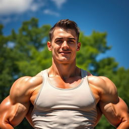 A muscular young man with prominent biceps and a well-defined physique, showcasing his strength and fitness