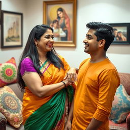 A mature Indian woman with a warm smile, dressed in a colorful saree, playfully interacting with a younger man