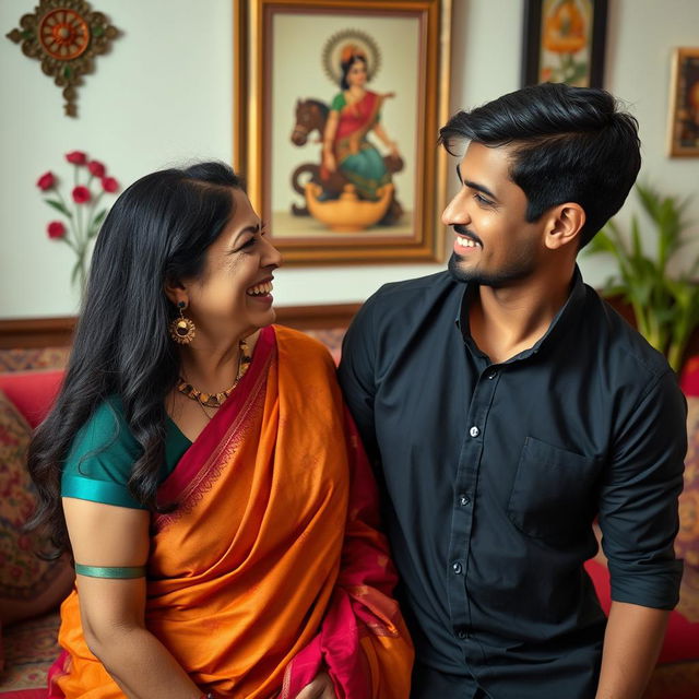 A mature Indian woman with a warm smile, dressed in a colorful saree, playfully interacting with a younger man