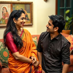 A mature Indian woman with a warm smile, dressed in a colorful saree, playfully interacting with a younger man
