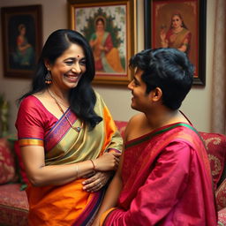 A mature Indian woman with a warm smile, dressed in a colorful saree, playfully interacting with a younger man