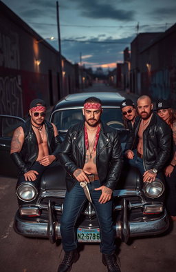 A group of tough-looking gang members gathered around a vintage car, exuding a sense of rebellion and camaraderie