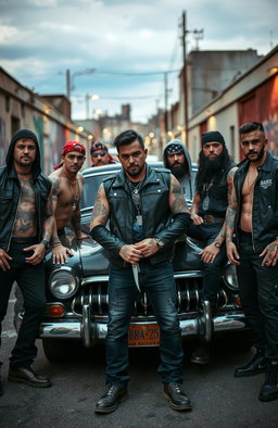 A group of tough-looking gang members gathered around a vintage car, exuding a sense of rebellion and camaraderie