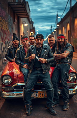 A group of tough-looking gang members gathered around a vintage car, exuding a sense of rebellion and camaraderie