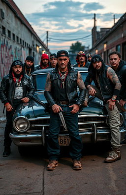 A group of tough-looking gang members gathered around a vintage car, exuding a sense of rebellion and camaraderie
