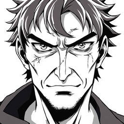 A middle-aged anti-hero villain with a battle-scarred yet kindly face, featuring piercing eyes that convey depth and understanding