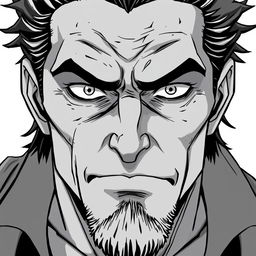 A middle-aged anti-hero villain with a battle-scarred yet kindly face, featuring piercing eyes that convey depth and understanding