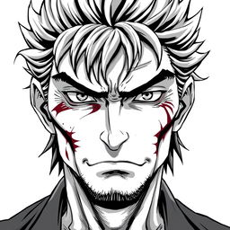 A middle-aged anti-hero villain with a battle-scarred yet kindly face, featuring piercing eyes that convey depth and understanding