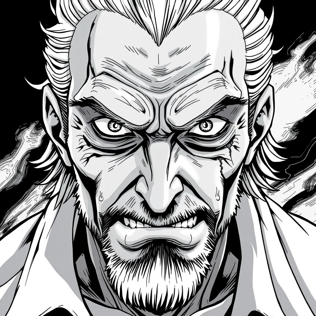 A middle-aged anti-hero villain with a battle-scarred yet kindly face, featuring piercing eyes that convey depth and understanding