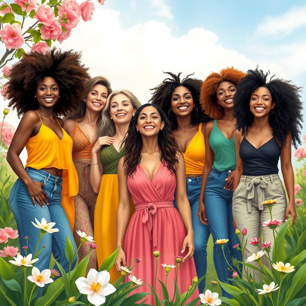 A group of diverse women on a transformative journey, showcasing their personal growth and beauty