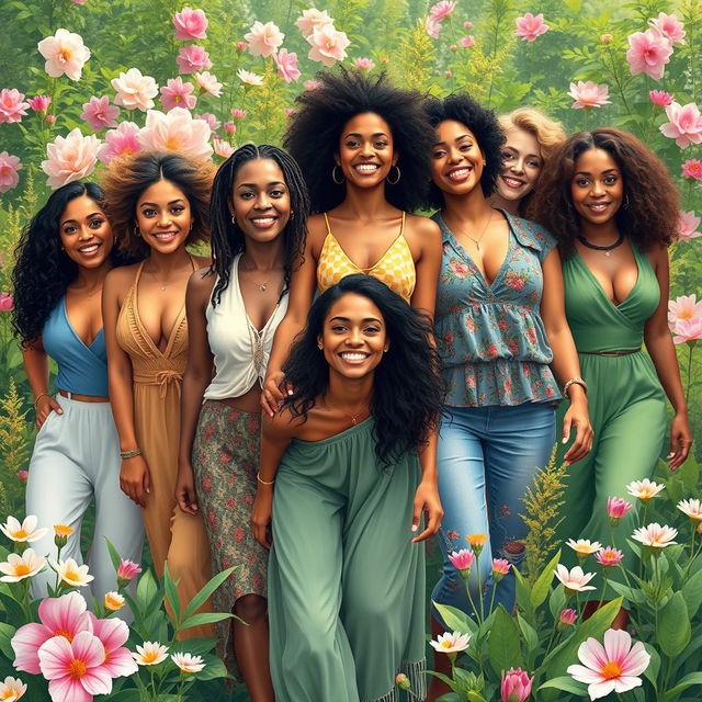 A group of diverse women on a transformative journey, showcasing their personal growth and beauty