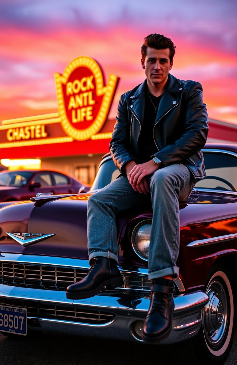 A cool greaser, wearing a black leather jacket and slicked-back hair, confidently sitting on the hood of a vintage car