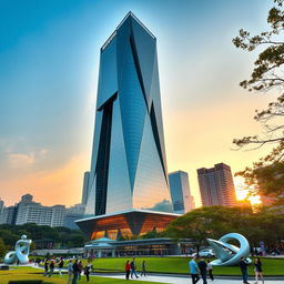 A striking South Korean skyscraper design, showcasing a contemporary architectural marvel with a sleek glass exterior and innovative geometric shapes