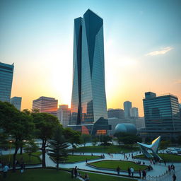A striking South Korean skyscraper design, showcasing a contemporary architectural marvel with a sleek glass exterior and innovative geometric shapes