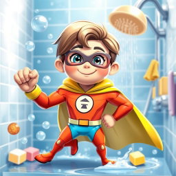 A superhero character designed specifically for showering, wearing a vibrant waterproof costume with a cape that resembles water droplets