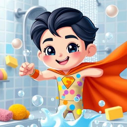 A superhero character designed specifically for showering, wearing a vibrant waterproof costume with a cape that resembles water droplets