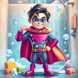 A superhero character designed specifically for showering, wearing a vibrant waterproof costume with a cape that resembles water droplets