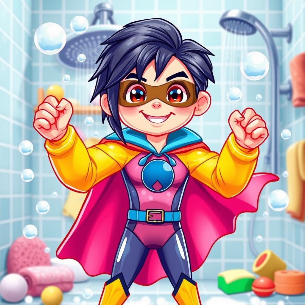 A superhero character designed specifically for showering, wearing a vibrant waterproof costume with a cape that resembles water droplets