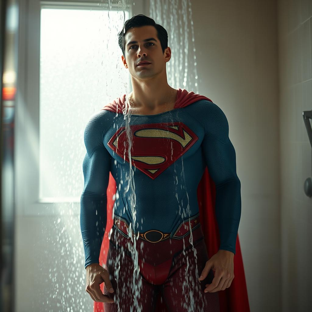 Superman standing in a luxurious shower, water cascading down his muscular body, revealing his iconic blue and red costume, with the shower tiles glistening in the light