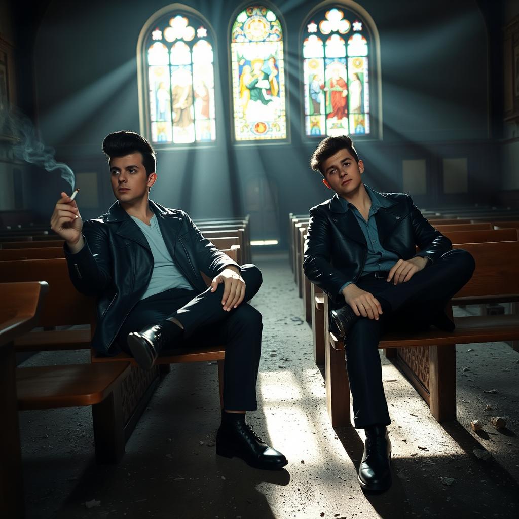 Two greasers, each with stylish pompadours and leather jackets, sitting on the wooden pews of an abandoned church