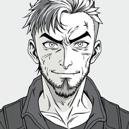 An anime-style illustration of a 35-year-old anti-hero with a battle-scarred yet kindly face, featuring intense, piercing eyes