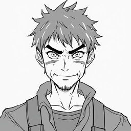 An anime-style illustration of a 35-year-old anti-hero with a battle-scarred yet kindly face, featuring intense, piercing eyes