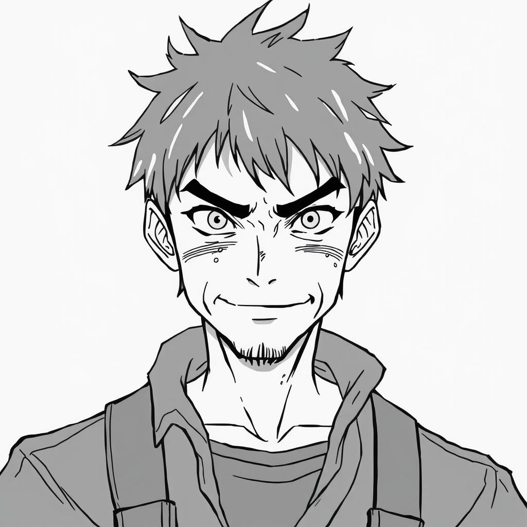 An anime-style illustration of a 35-year-old anti-hero with a battle-scarred yet kindly face, featuring intense, piercing eyes