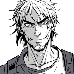 An anime-style illustration of a 35-year-old anti-hero with a battle-scarred yet kindly face, featuring intense, piercing eyes