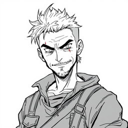 An anime-style illustration of a 35-year-old anti-hero with a battle-scarred yet kindly face, featuring intense, piercing eyes