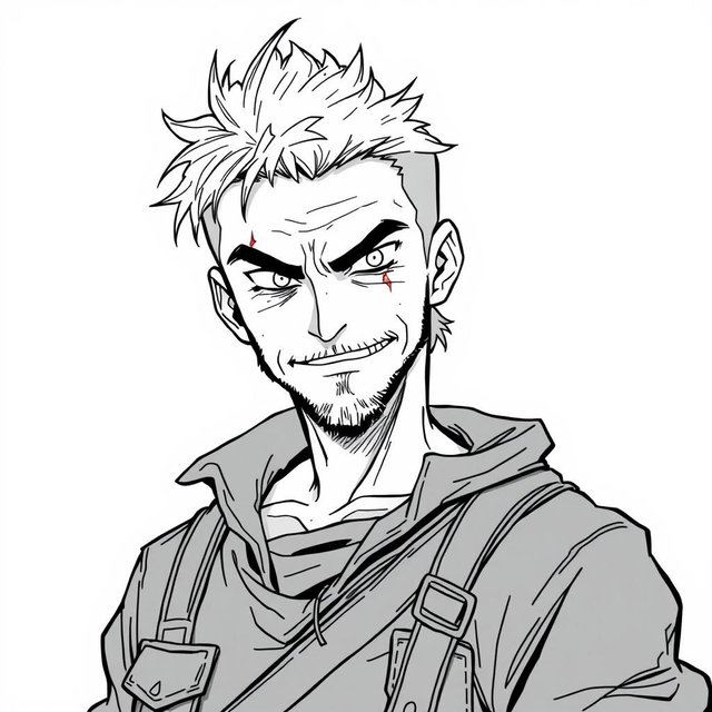 An anime-style illustration of a 35-year-old anti-hero with a battle-scarred yet kindly face, featuring intense, piercing eyes