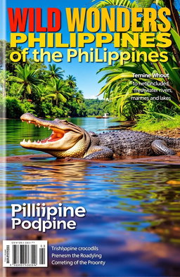 A vibrant magazine cover featuring a majestic Philippine crocodile basking on a riverbank, surrounded by lush tropical vegetation