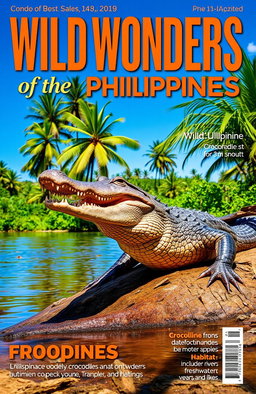 A vibrant magazine cover featuring a majestic Philippine crocodile basking on a riverbank, surrounded by lush tropical vegetation