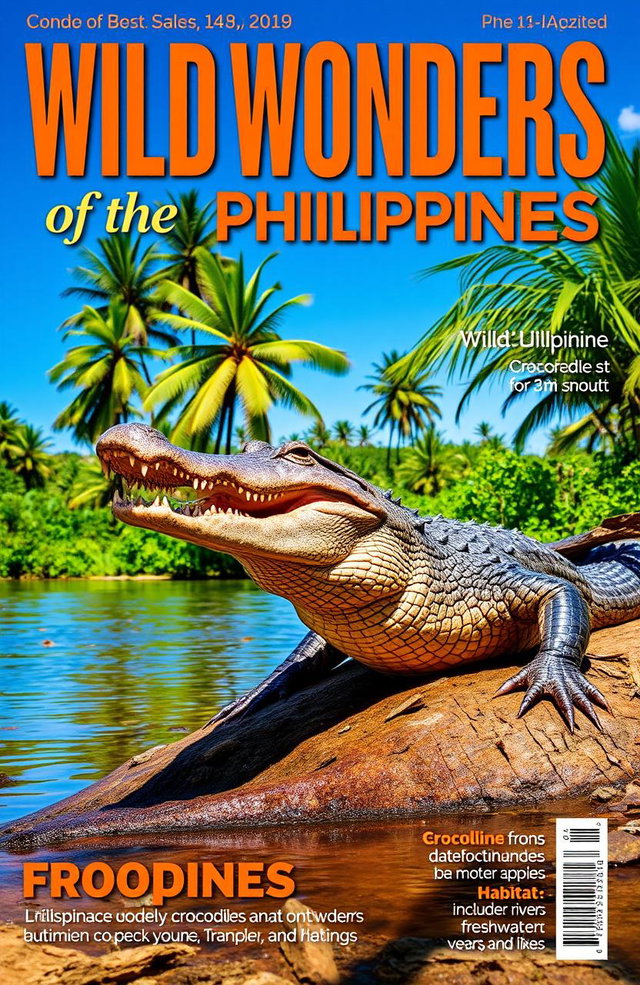 A vibrant magazine cover featuring a majestic Philippine crocodile basking on a riverbank, surrounded by lush tropical vegetation