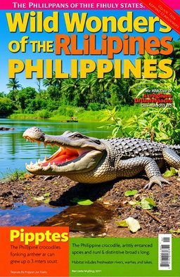 A vibrant magazine cover featuring a majestic Philippine crocodile basking on a riverbank, surrounded by lush tropical vegetation