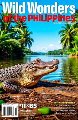 A vibrant magazine cover featuring a majestic Philippine crocodile basking on a riverbank, surrounded by lush tropical vegetation