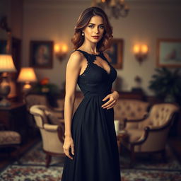 A glamorous woman in a stunning black dress, showcasing elegance and sophistication
