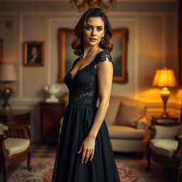 A glamorous woman in a stunning black dress, showcasing elegance and sophistication